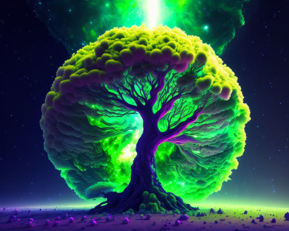 Surreal illustration: Glowing green tree under starry sky