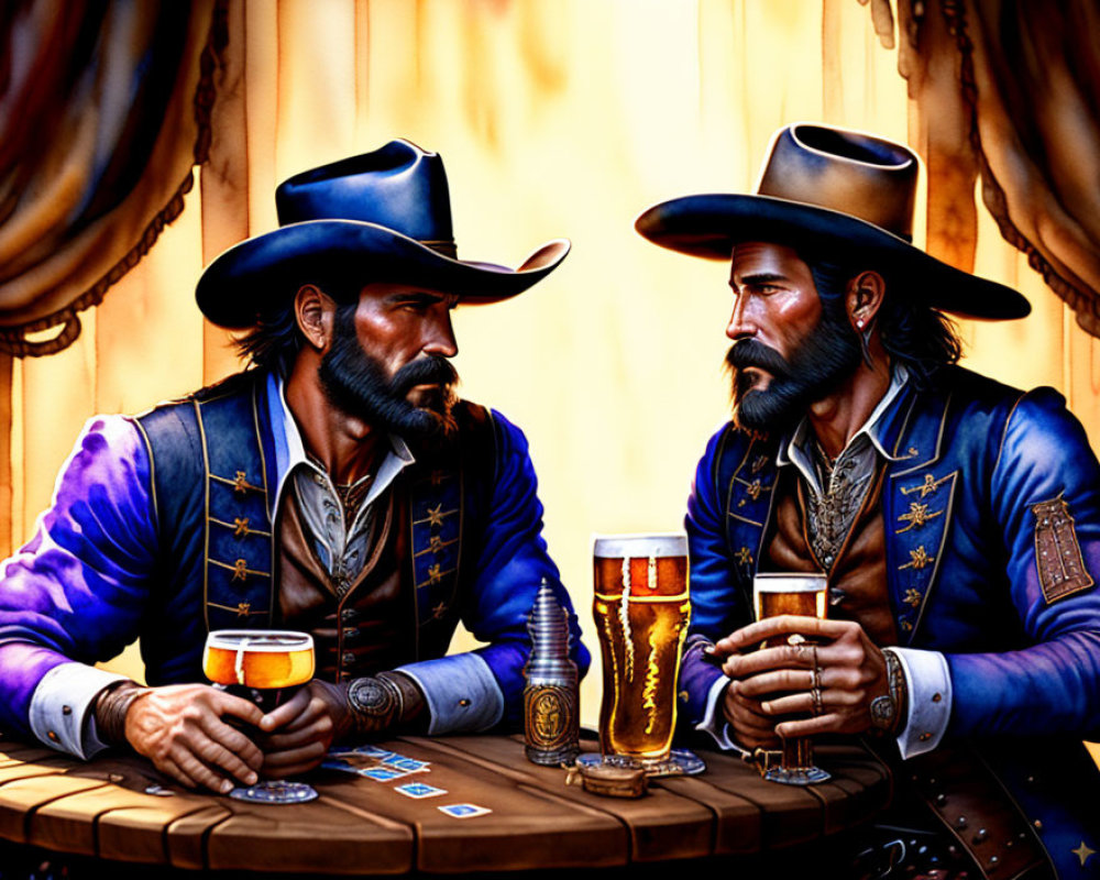 Two cowboys in blue attire with beers and playing cards in a saloon setting