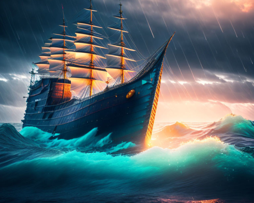 Tall ship sailing through stormy sea with glowing waves