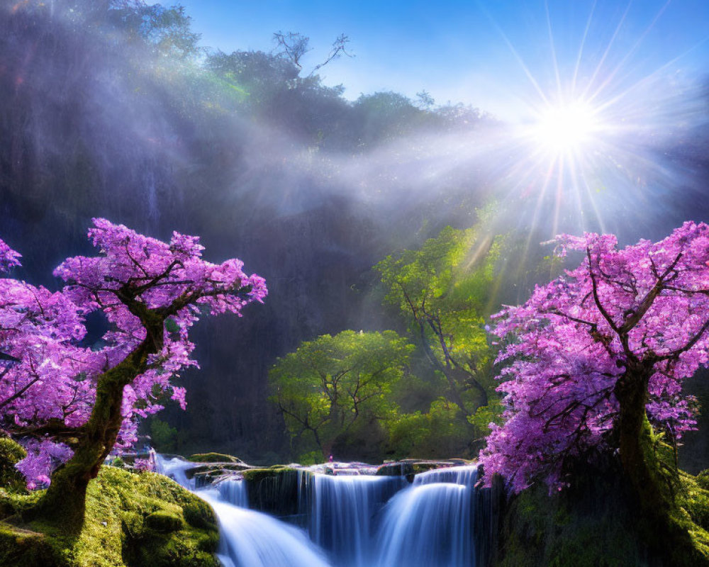Sunburst through trees above waterfall with pink cherry blossoms.