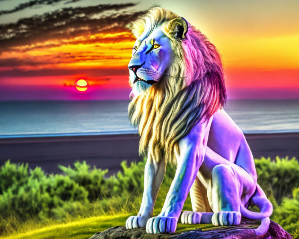 Vibrant lion with blue and white mane in ocean sunset scene