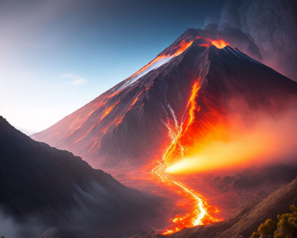 Erupting volcano with flowing lava against twilight sky