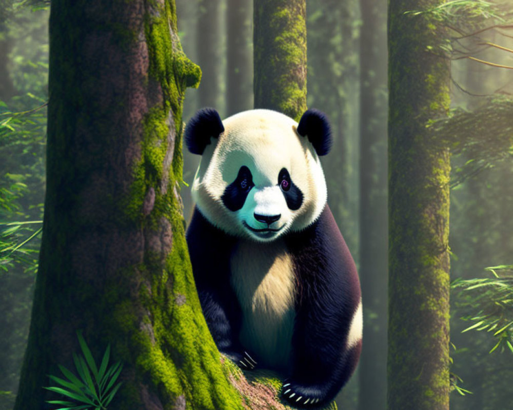 Black-and-white panda in misty forest with trees.