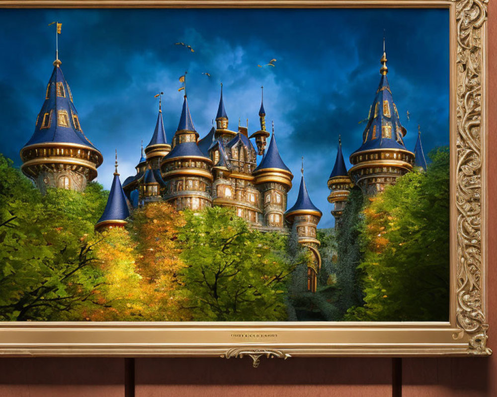 Framed fairy tale castle painting on red wall with lush greenery