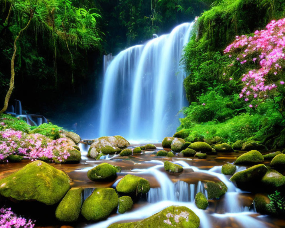 Tranquil waterfall in lush greenery with pink flowers