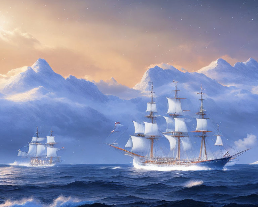 Tall ships sailing on choppy waters near snow-capped mountains