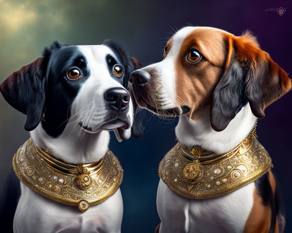 Regal Dogs with Golden Collars on Purple Starry Background