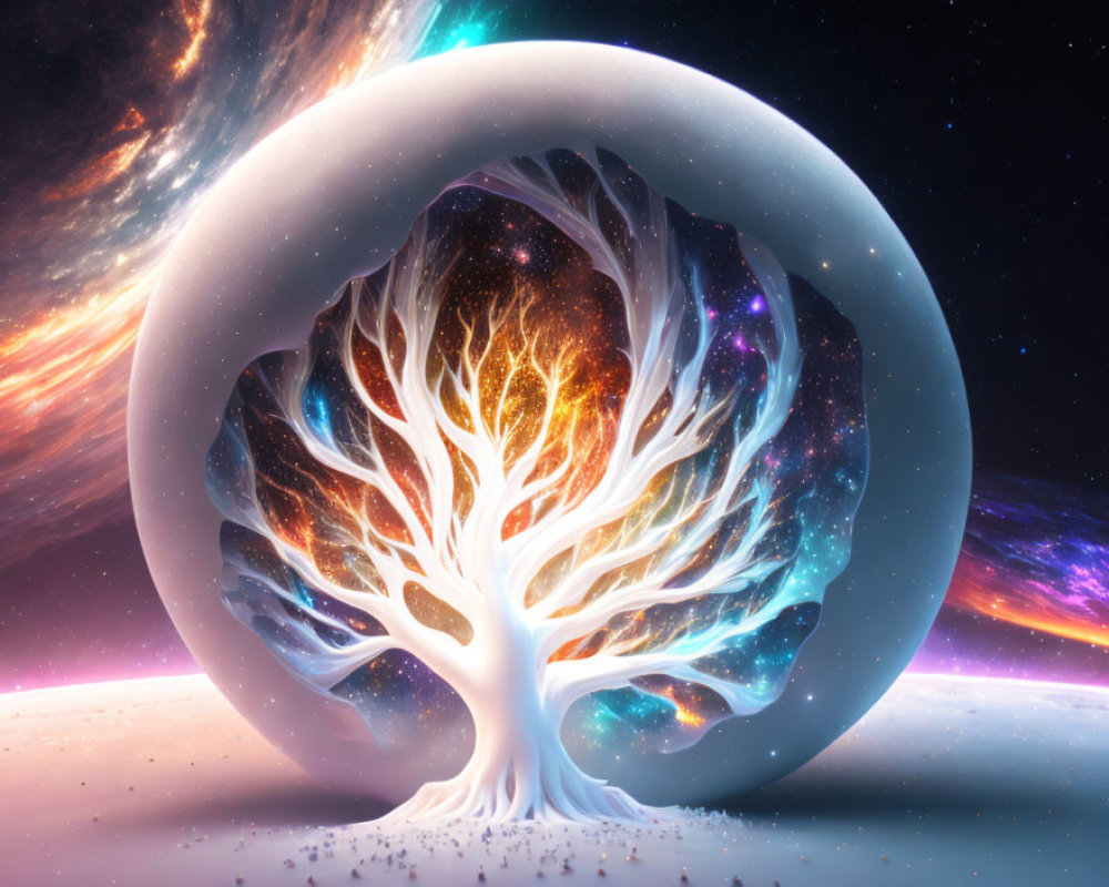 Colorful cosmic illustration: Luminous tree in celestial setting