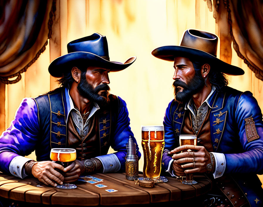 Two cowboys in blue attire with beers and playing cards in a saloon setting