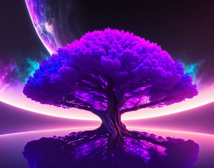 Detailed Purple Tree on Cosmic Background with Galaxies