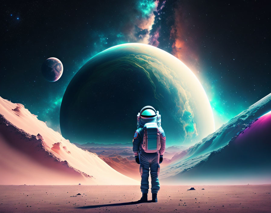 Astronaut observing planets in vibrant space scenery