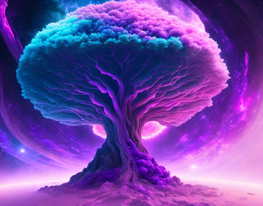 Vibrantly colored surreal tree under cosmic sky with stars and nebulae