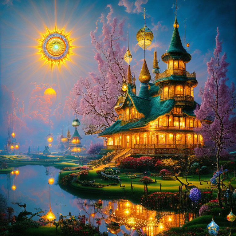 Fantasy landscape with glowing sun, pagoda-style house, pink trees, lanterns, and river