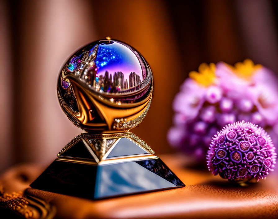Crystal ball on golden pyramid stand with cityscape reflection and purple flowers.