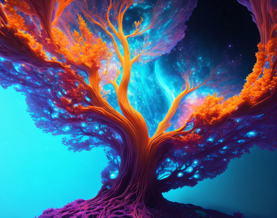 Colorful surreal trees against blue and purple space backdrop with stars