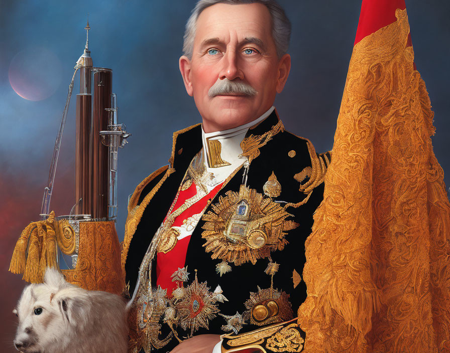 Man in ornate military uniform with medals, flag, spacecraft, and white dog portrait.