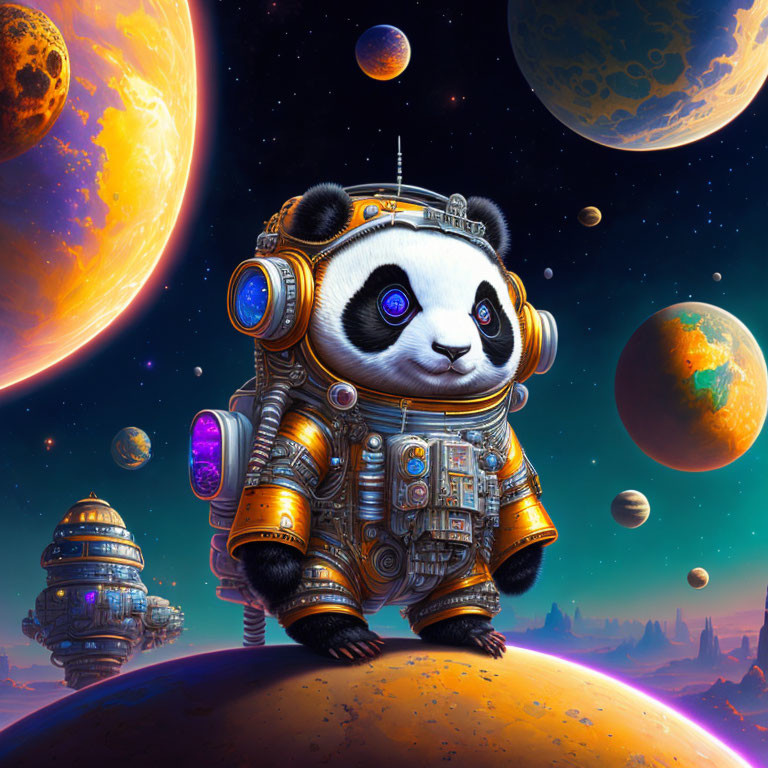 Detailed Panda Astronaut in Cosmic Scene with Planets & Stars