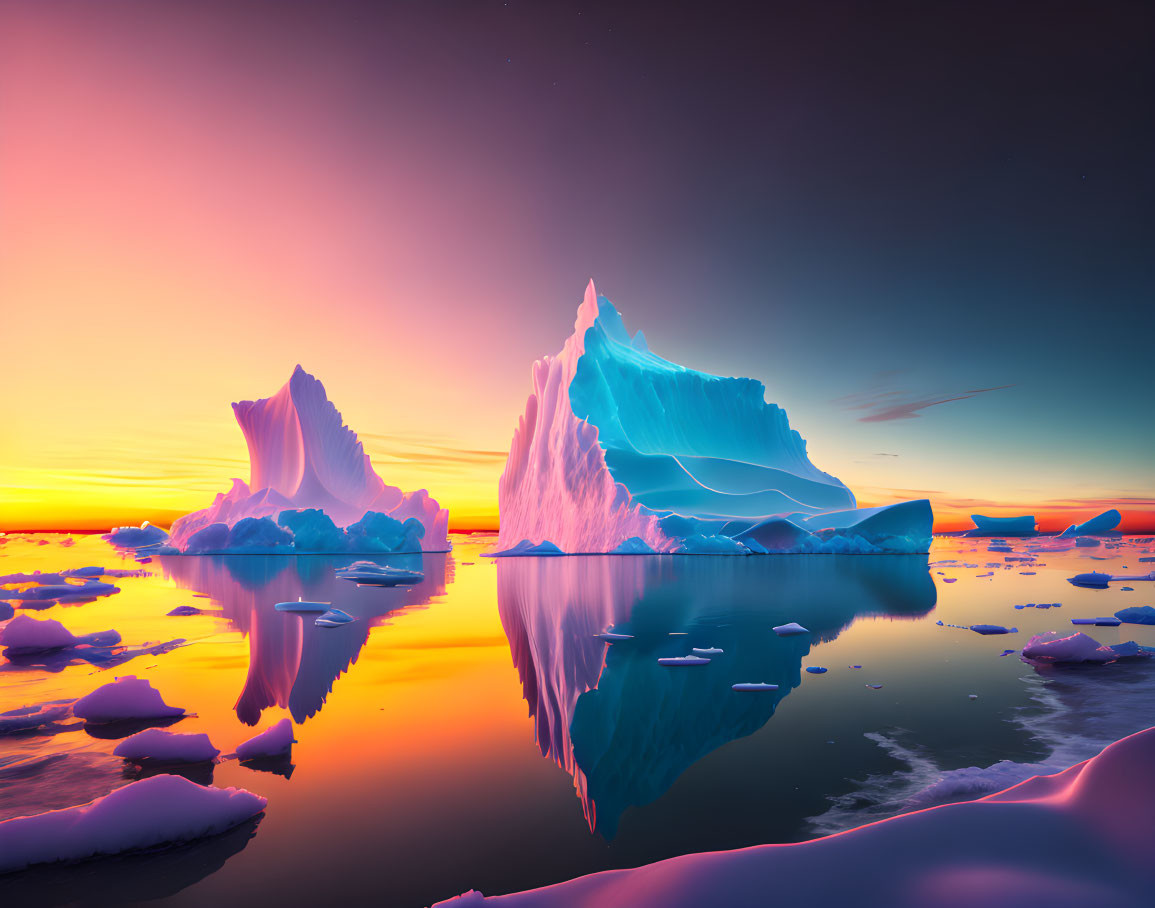 Majestic icebergs under vibrant orange and pink sunset above serene waters