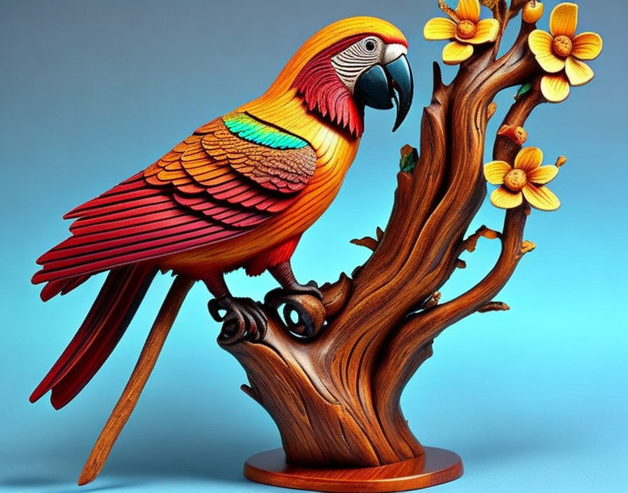 Colorful Parrot Sculpture on Textured Tree Branch with Yellow Flowers on Blue Background