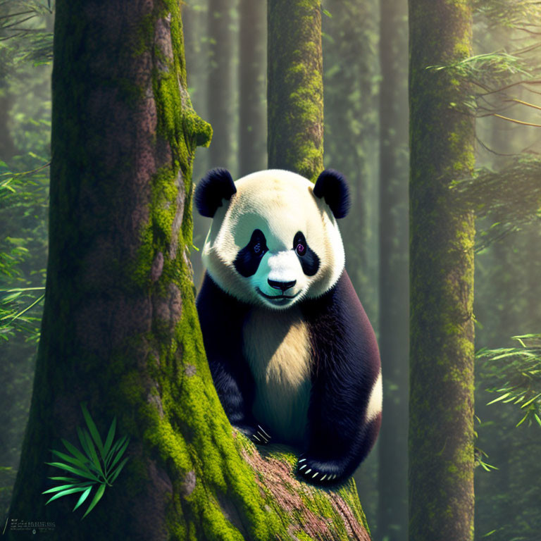 Black-and-white panda in misty forest with trees.