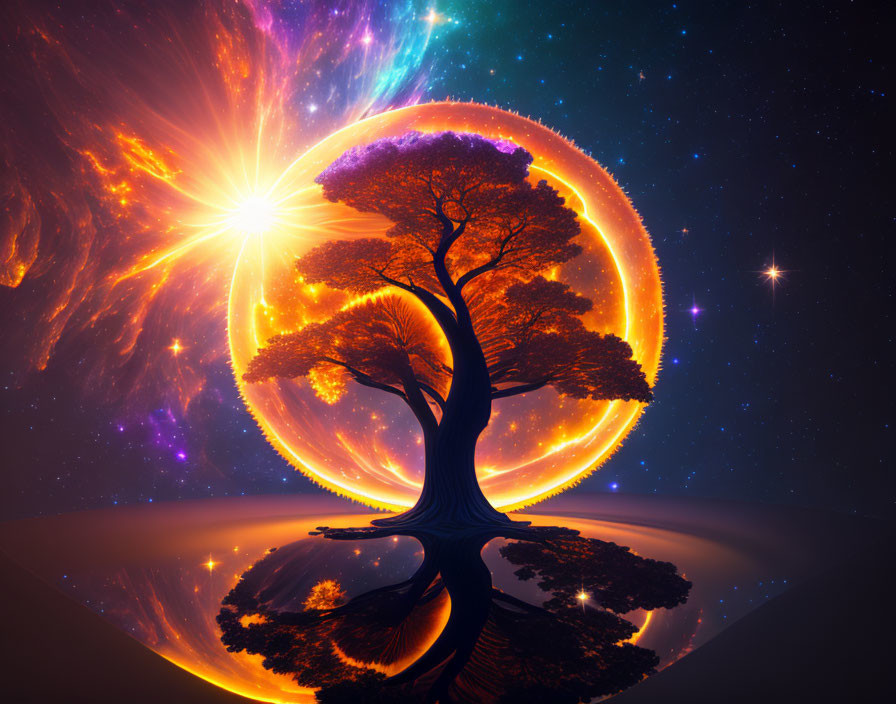 Majestic tree in cosmic scene with sunburst, galaxy, and serene reflection