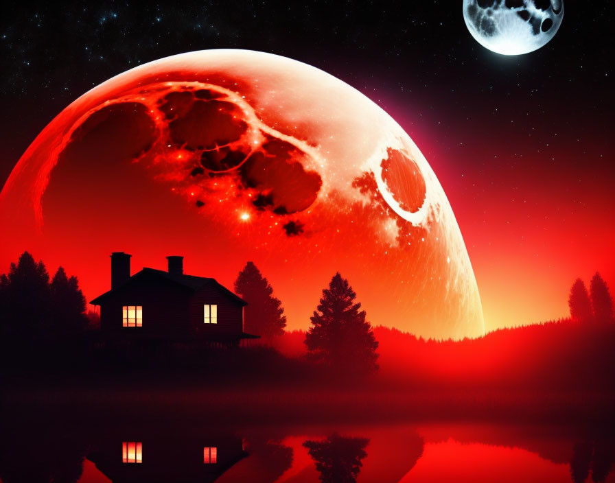Surreal landscape with house by lake, red moon, starry sky