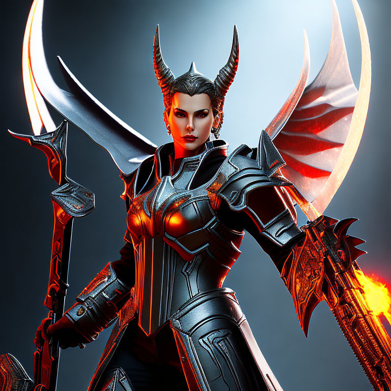 Fantasy female warrior in glowing armor wields flaming axe under moonlight