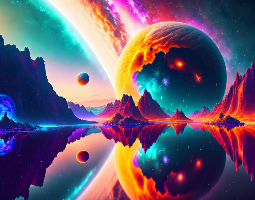 Colorful sci-fi landscape featuring multiple planets, starry sky, nebula, and mountains mirrored in