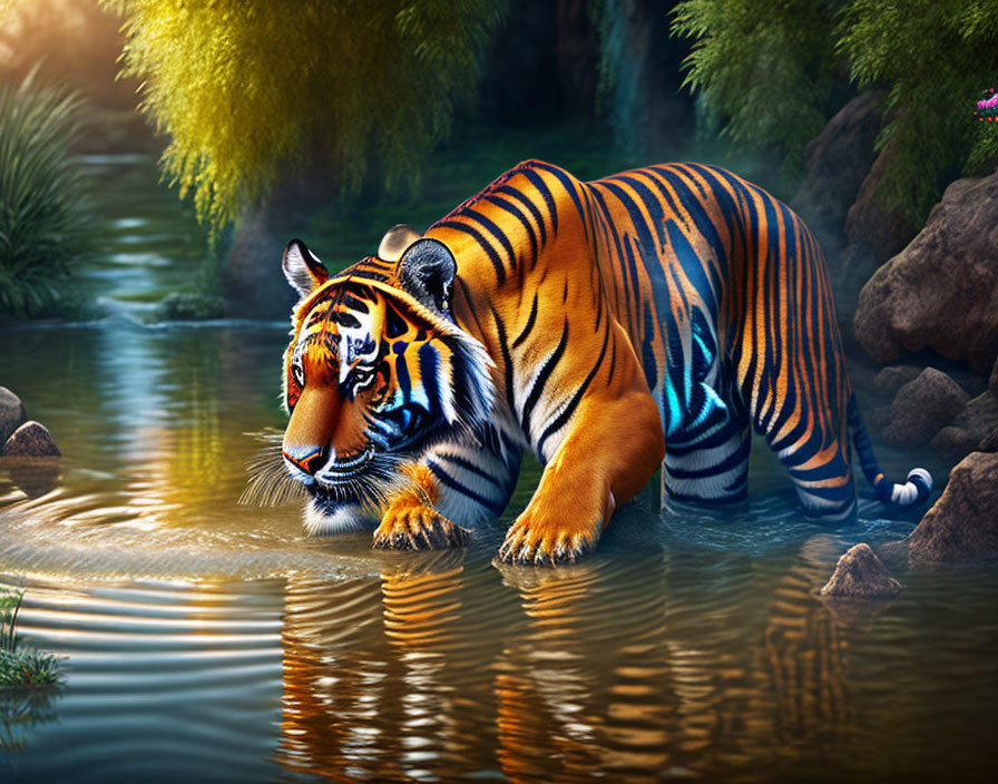 Majestic tiger in serene water with lush greenery