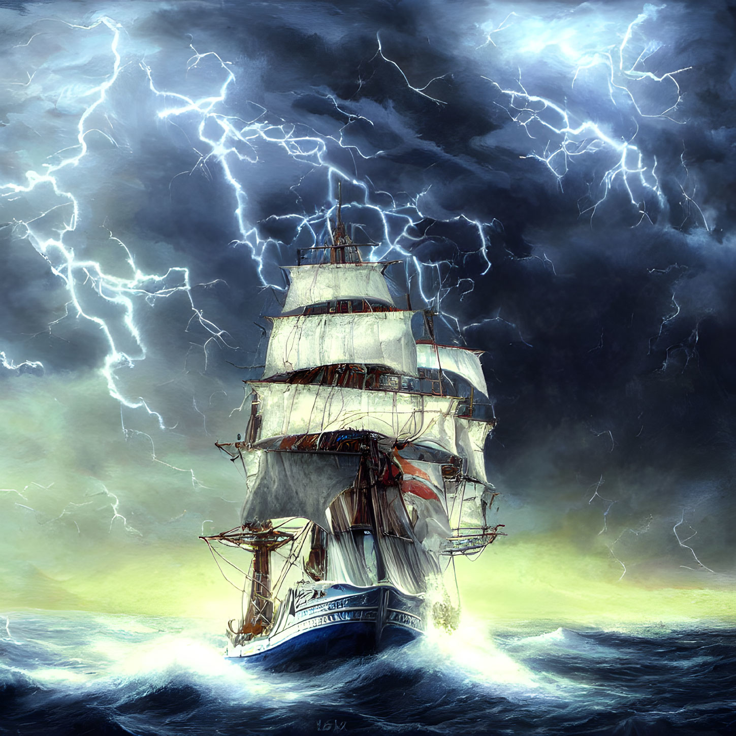 Tall ship with full sails in dramatic lightning storm