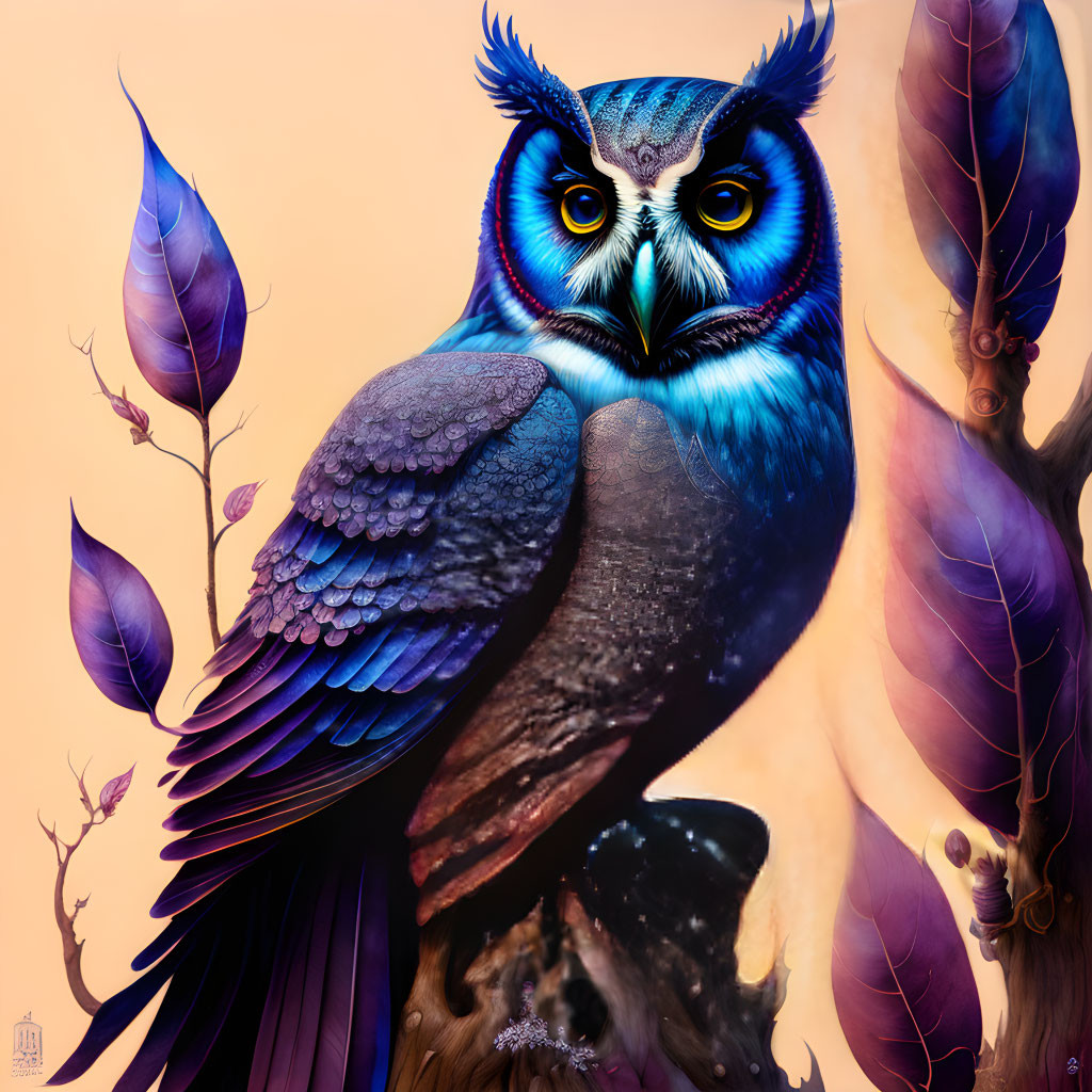 Colorful Illustration of Fantastical Owl with Blue and Purple Plumage
