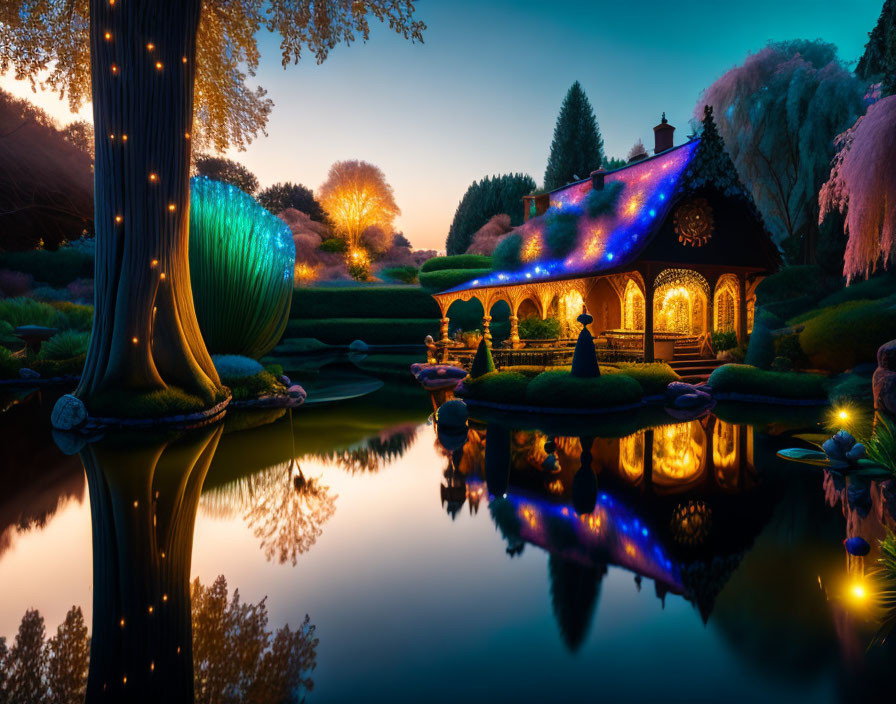 Enchanting fairytale cottage with illuminated garden at twilight