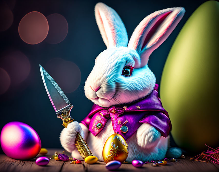 Whimsical rabbit with knife decorating Easter egg among colorful candy and eggs