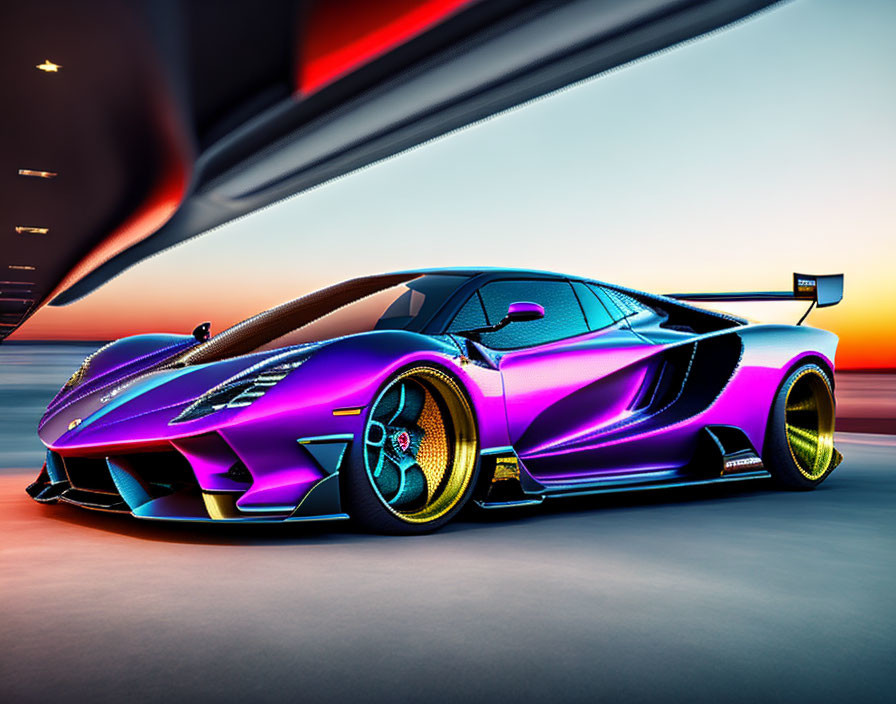 Sleek Purple and Blue Sports Car with Aerodynamic Design and Golden Rims