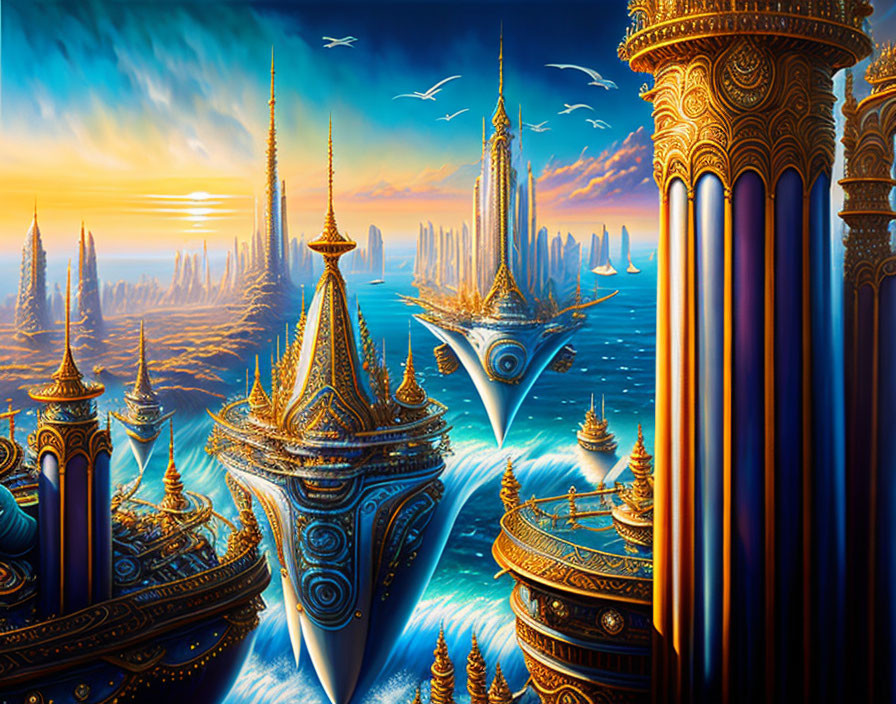 Fantastical cityscape with golden-blue spires and soaring birds at sunset