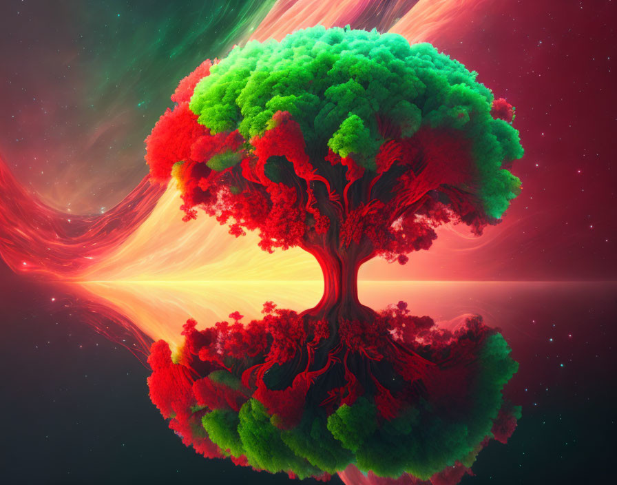 Colorful digital artwork: Tree in red and green against cosmic backdrop