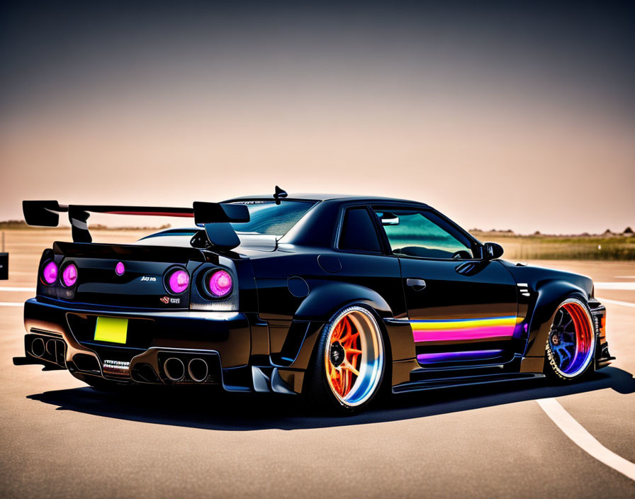 Modified black sports car with large rear wing, neon underglow, and multi-colored rims on empty