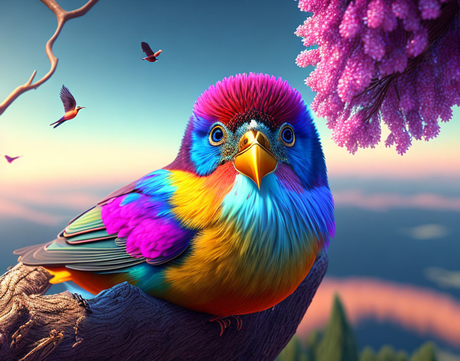 Colorful Bird on Branch with Sunset Background and Flying Birds