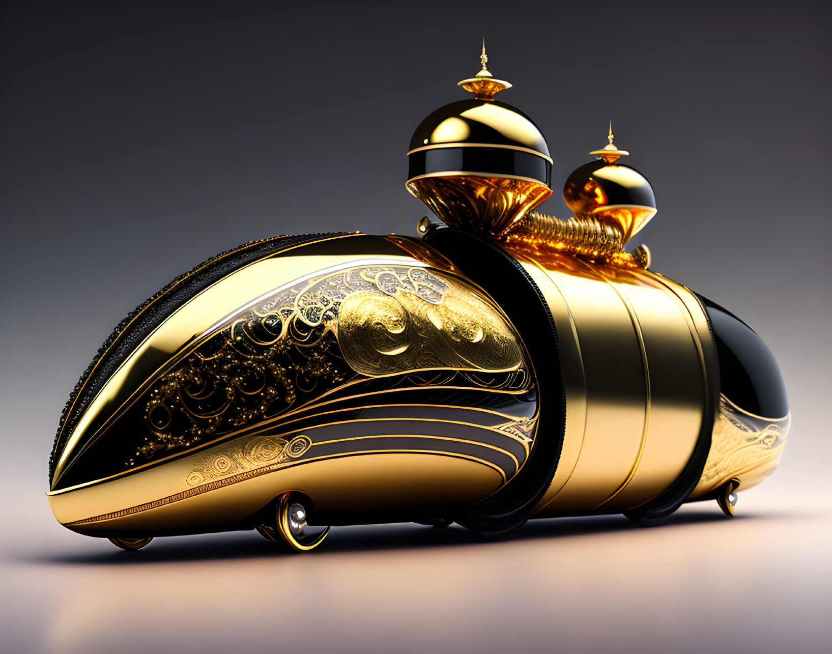 Luxurious gold and black futuristic car design with intricate patterns