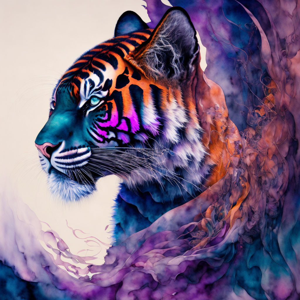 Colorful Tiger Artwork with Purple Stripes and Swirling Smokey Background