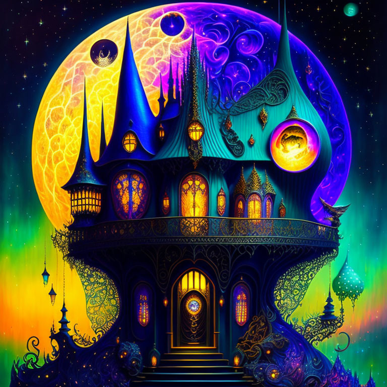 Fantasy illustration of ornate palace under yellow moon
