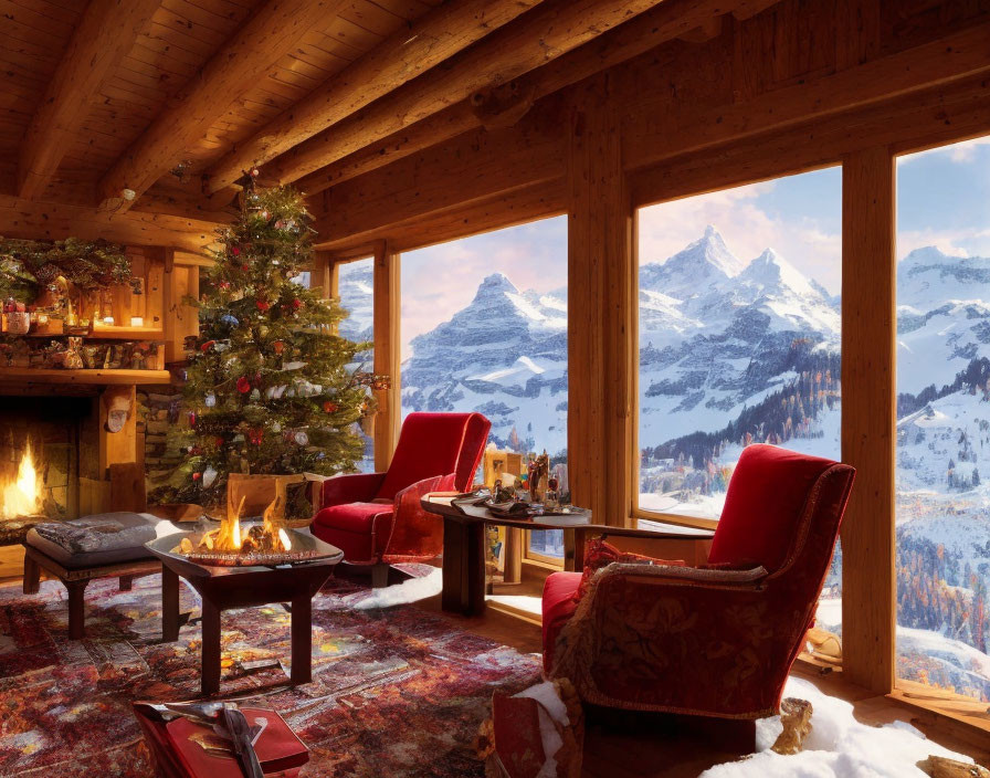 Rustic Mountain Cabin Interior with Fireplace, Christmas Tree, Red Armchairs