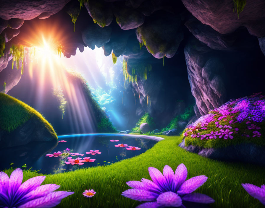 Vibrant cave with serene pond and lush greenery