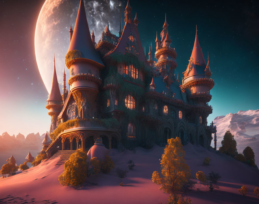 Ethereal fantasy castle with spires under massive moon in twilight landscape