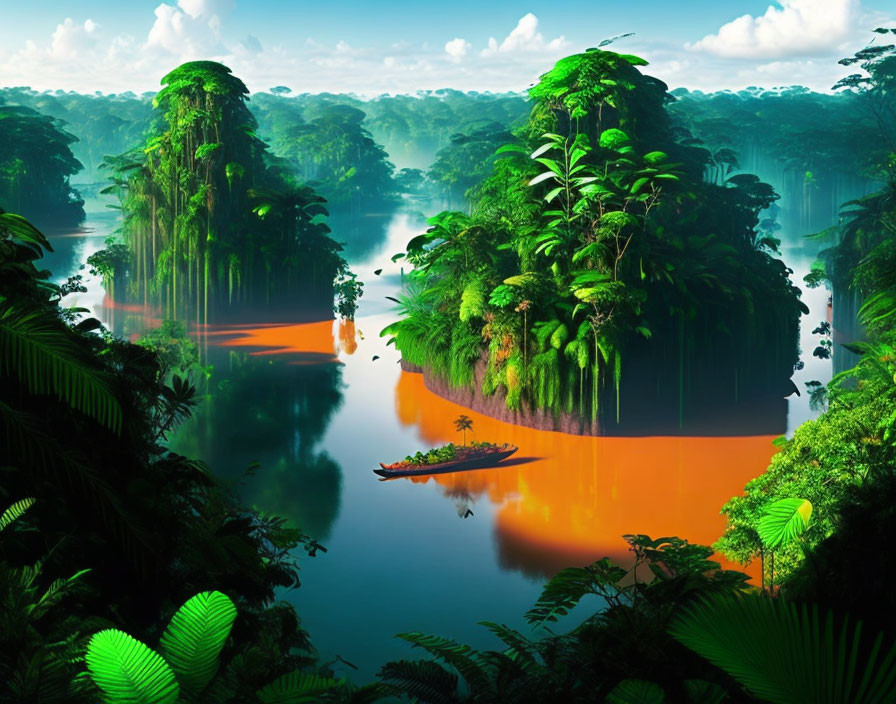 Tranquil rainforest scene with vibrant trees and boat on calm water