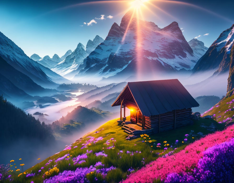 Scenic landscape: wooden cabin, floral meadows, snow-capped mountains at sunset