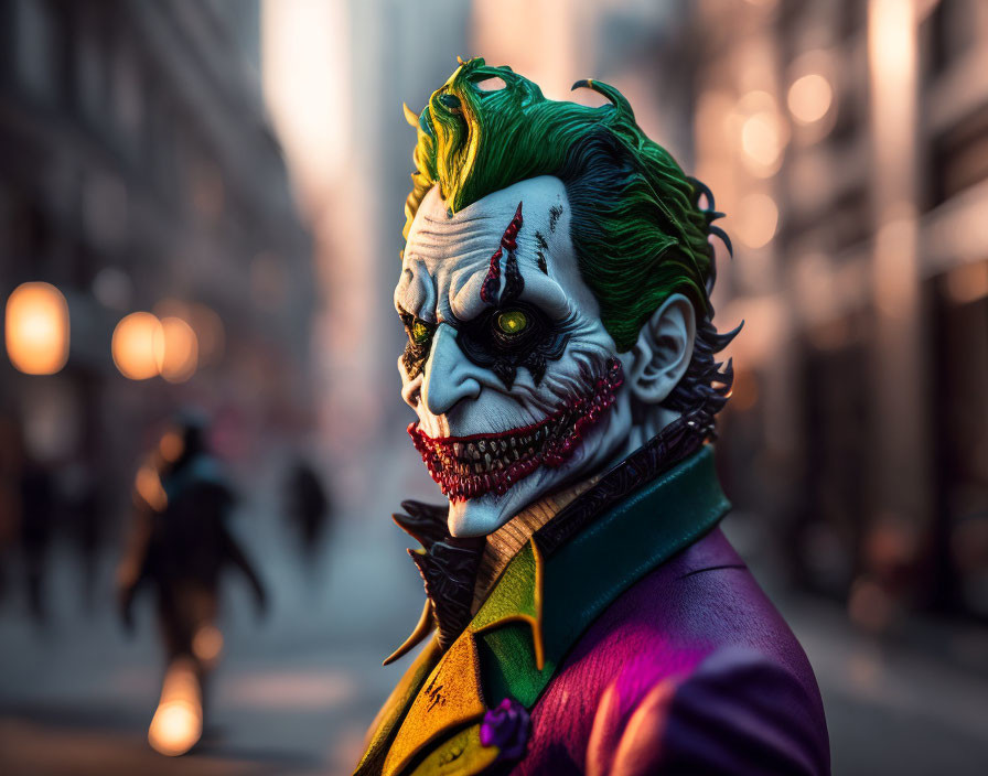 Person in Joker makeup with green hair and colorful costume against city street backdrop at sunset