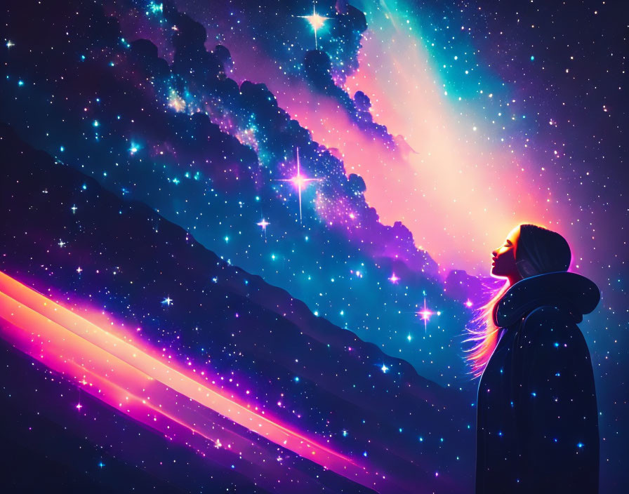 Silhouette of person admiring vibrant cosmic sky full of stars and nebulae