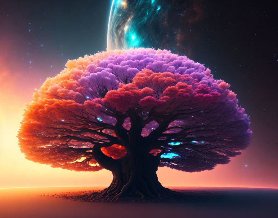 Vibrantly colored massive tree under cosmic sky with visible planets