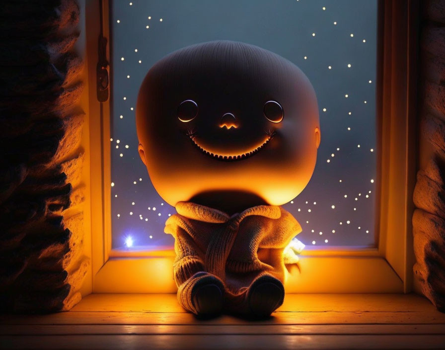 Glowing oversized doll with bright smile by window at night